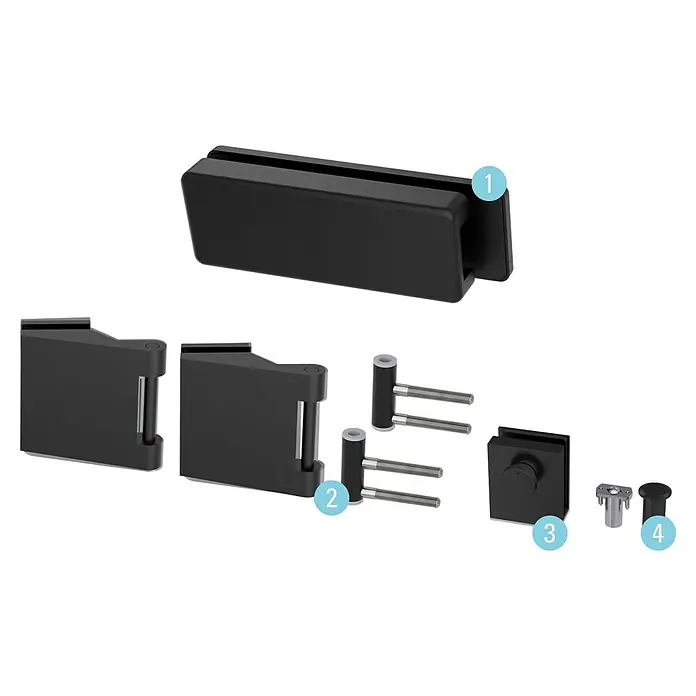 Diamond Doors Beschlag-Set Style Premium - Schwarz matt, Passend für: Zweiflügelige Diamond Ganzglas-Drehtüren - Schwarze Duschkabinenbeschläge mit verschiedenen Komponenten, die für die Installation und Funktionalität benötigt werden.