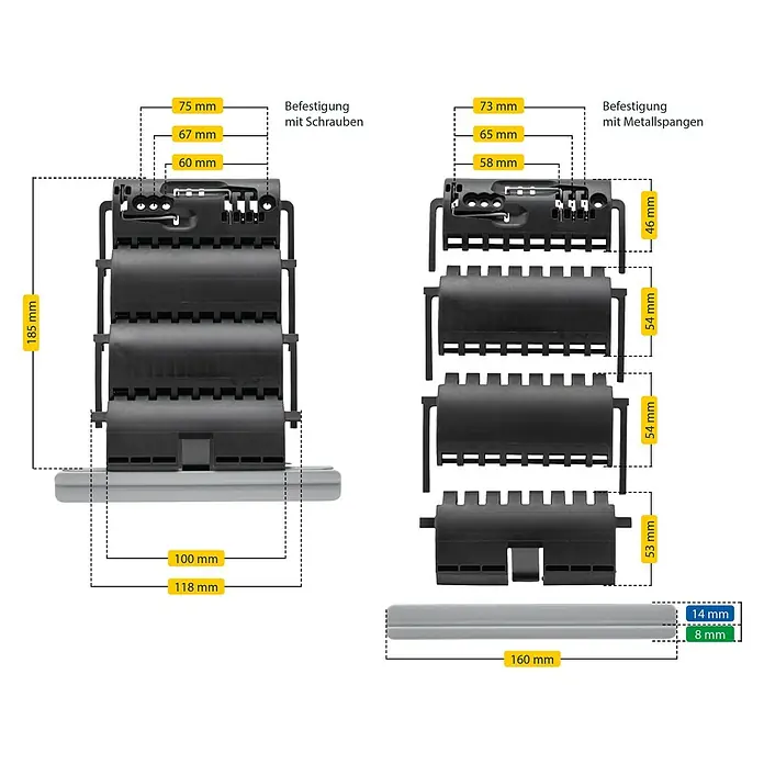 Schellenberg Hochschiebesicherung - 2 Stk., Geeignet für: Rollladen-Maxi/Mini-Systeme - Produktbild mit Maßen eines Kabelschachtes, mit dazugehörigen Befestigungen.