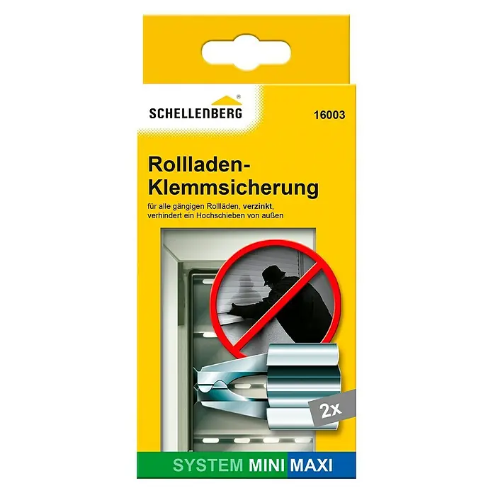 Schellenberg Klemmsicherung - Geeignet für Profil-Deckhöhe: Ab 45 mm, 2 Stk. - Verpackung für Schellenberg Rollladen-Klemmsicherung, die verhindert, dass Rollläden von außen hochgeschoben werden. 2 Stück für Mini- und Maxi-Systeme.
