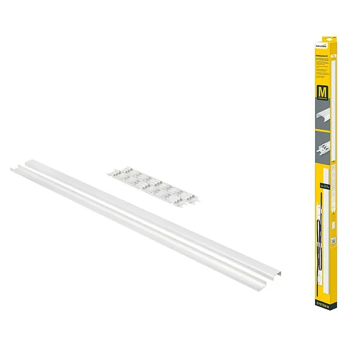 Schellenberg Kabelkanal System M Erweiterung - L x B x H: 2.100 x 35 x 15 mm, Weiß - Das Schellenberg Kabelsystem M, präsentiert mit Zubehör und Verpackung. Optimal für eine ordentliche Kabelführung im Haus.