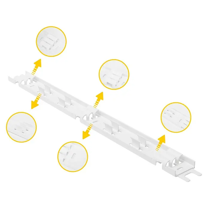 Schellenberg Kabelkanal System M Erweiterung - L x B x H: 2.100 x 35 x 15 mm, Weiß - Produktbild einer weißen Kabelkanal-Leiste mit gelben Pfeilen und Hervorhebungen zur Veranschaulichung der Details.