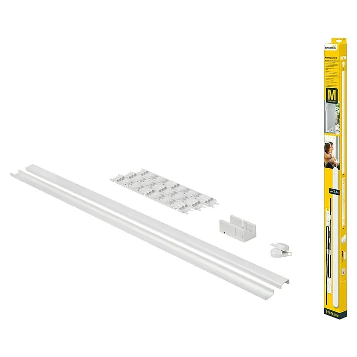 Schellenberg Kabelkanal System M Starterset - L x B x H: 2.100 x 35 x 15 mm, Weiß - Schellenberg Kabelsystem M präsentiert eine vielseitige Kabellösung mit Schienen, Befestigungen und Zubehör für eine ordentliche Kabelorganisation.