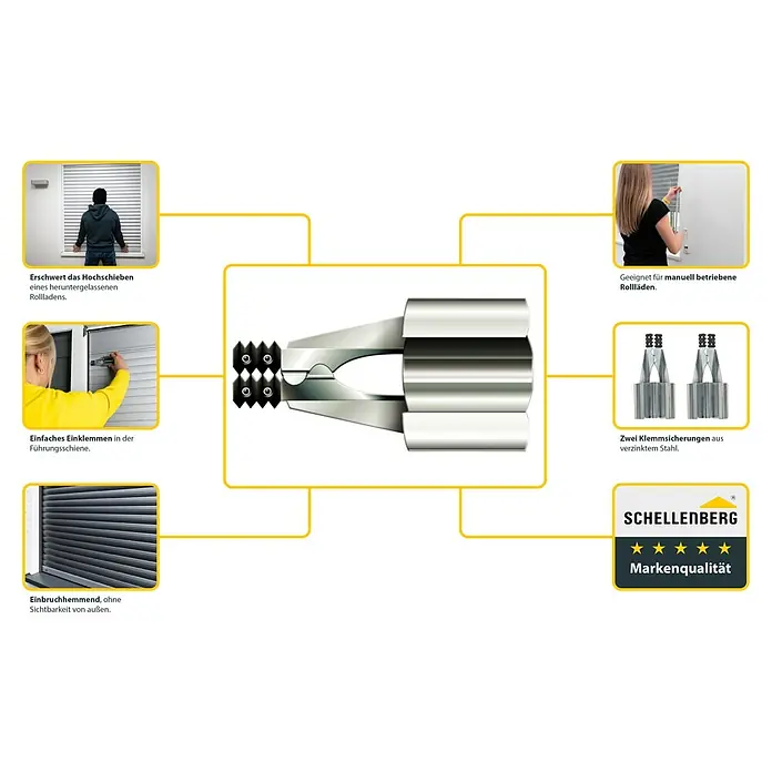 Schellenberg Klemmsicherung - Geeignet für Profil-Deckhöhe: Ab 45 mm, 2 Stk. - Produktübersicht: Die Schellenberg Klemmsicherungen für Rollläden verhindern das Hochschieben und bieten Einbruchschutz.