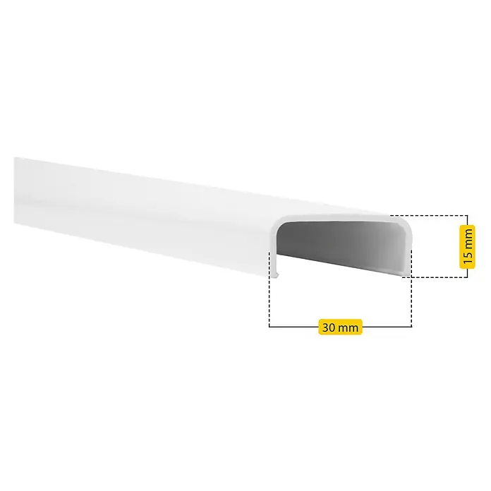 Schellenberg Kabelkanal System M Erweiterung - L x B x H: 2.100 x 35 x 15 mm, Weiß - Abbildung eines weißen U-förmigen Profils mit Maßangaben 30 mm Breite und 15 mm Höhe für diverse Anwendungen im Bauwesen.