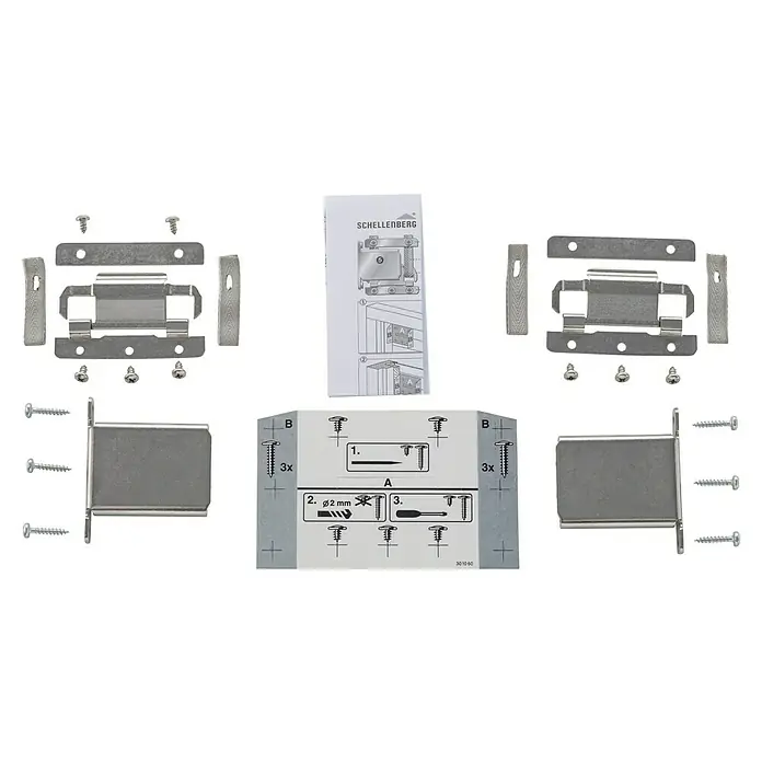 Schellenberg Hochschiebesicherung - Geeignet für: Rollladen-Maxi-Systeme, 2 Stk. - Verschiedene Metallteile und Schrauben, die wahrscheinlich zu einem Rollladensystem gehören.