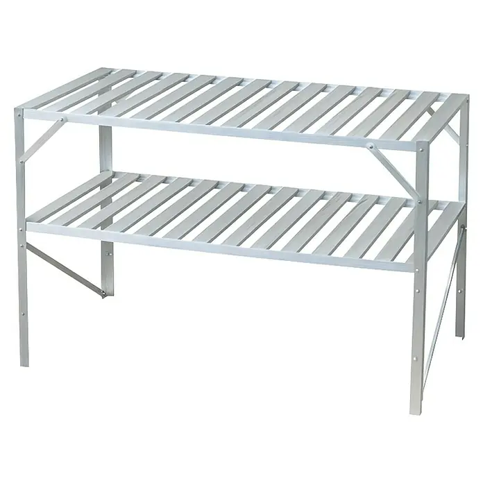 Halls Gewächshaus-Tisch - 120,8 x 76 cm, Aluminium, Doppelte Ablageebene - Zweistufiges, silbernes Schwerlastregal mit durchbrochenen Regalböden für optimale Belüftung und Lagerung.