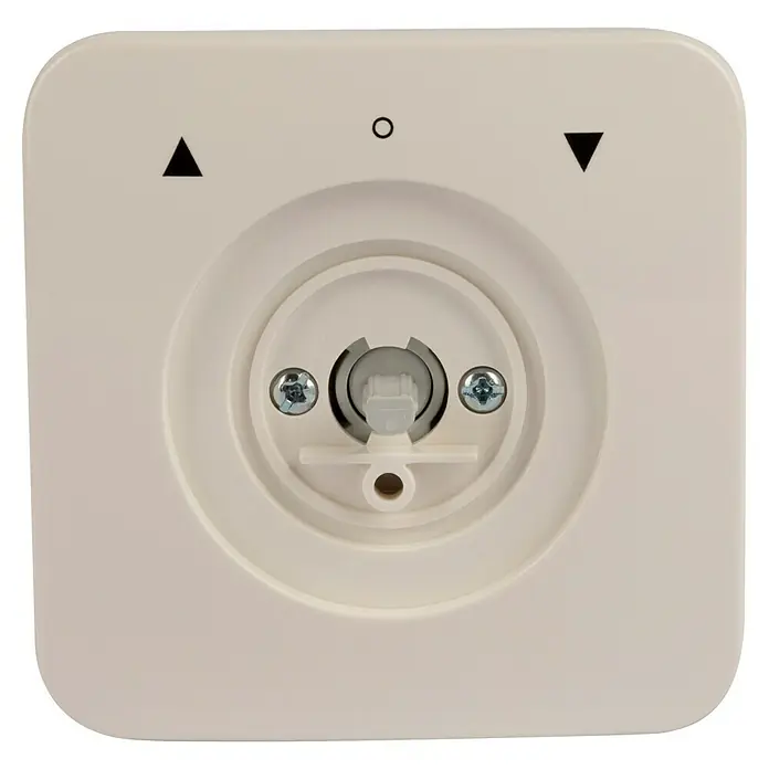 Schellenberg Rollladenschalter - Drehknopf - Nahaufnahme eines weißen, quadratischen Wand-Schalters mit Pfeilen zur Steuerung. Ideal für Rollläden und Jalousien im Smart Home.