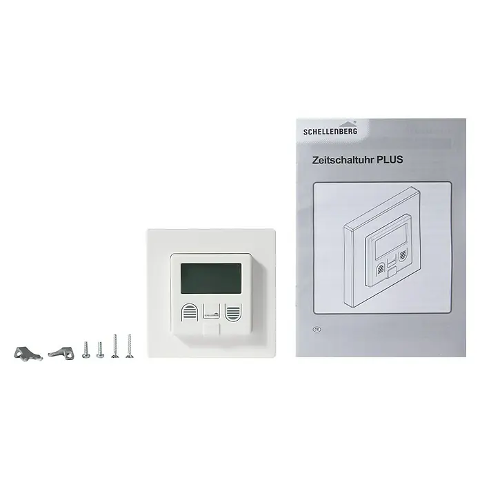 Schellenberg Zeitschaltuhr Plus - 50 x 80 x 80 mm, Weiß, Unterputz - Abbildung der Schellenberg Zeitschaltuhr Plus mit Zubehör und Bedienungsanleitung. Einfache Installation für automatische Rollladensteuerung.