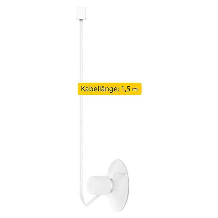 Schellenberg Sonnensensor Plus - Passend für: Schellenberg Zeitschaltuhr Plus, Kabellänge: 1,5 m - Das Bild zeigt ein weißes Kabel mit einer Länge von 1,5 m und einem Saugnapf zur Befestigung an glatten Oberflächen. Ideal für Badezimmer.