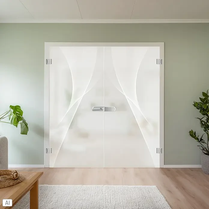 Diamond Doors Glastürbeschlag Sky - Edelstahloptik, Bandbohrung/Bänder: Office 3-teilig - Doppeltür mit weißem, abstrakten Muster und silbernen Griffen. Ideal für moderne Innenräume und als stilvolles Designelement.