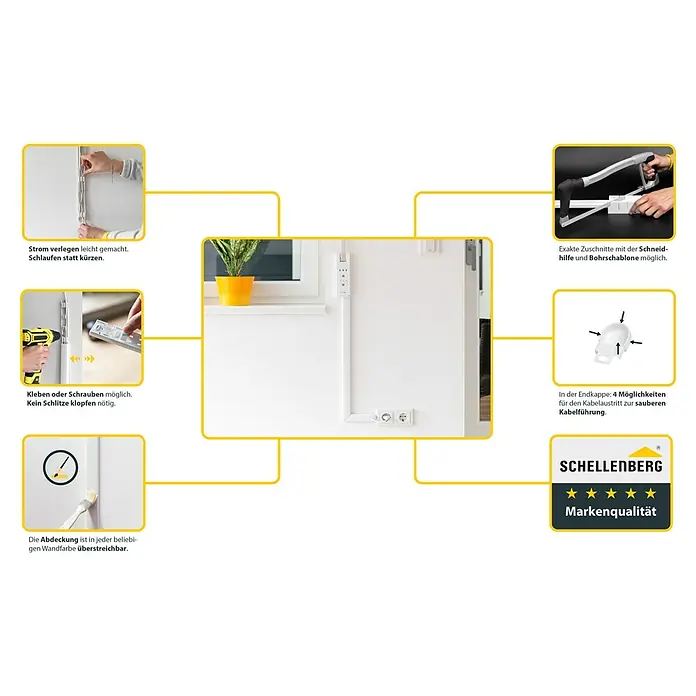 Schellenberg Kabelkanal System M Starterset - L x B x H: 2.100 x 35 x 15 mm, Weiß - Produktbild: Kabelkanal zur einfachen Installation und flexiblen Anpassung für eine saubere Kabelführung im Haus.