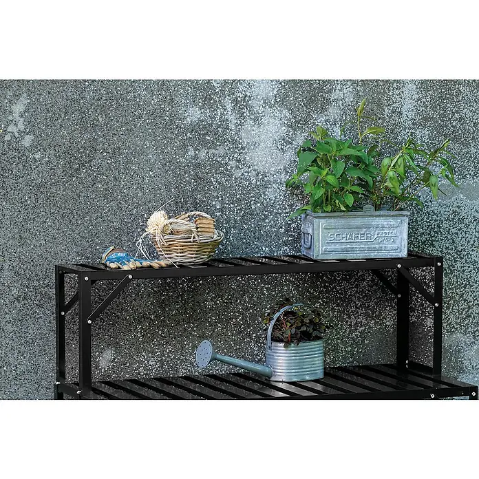 Halls Aufsatz für Gewächshaus-Tisch - 120,8 x 26 x 3,7 cm, Schwarz, Passend für: Halls Tische ( 1 Ablagefläche) - Gartenregal aus Metall mit Gartenzubehör wie Gießkanne, Pflanzen und Körben. Das Regal bietet praktischen Stauraum für den Garten.