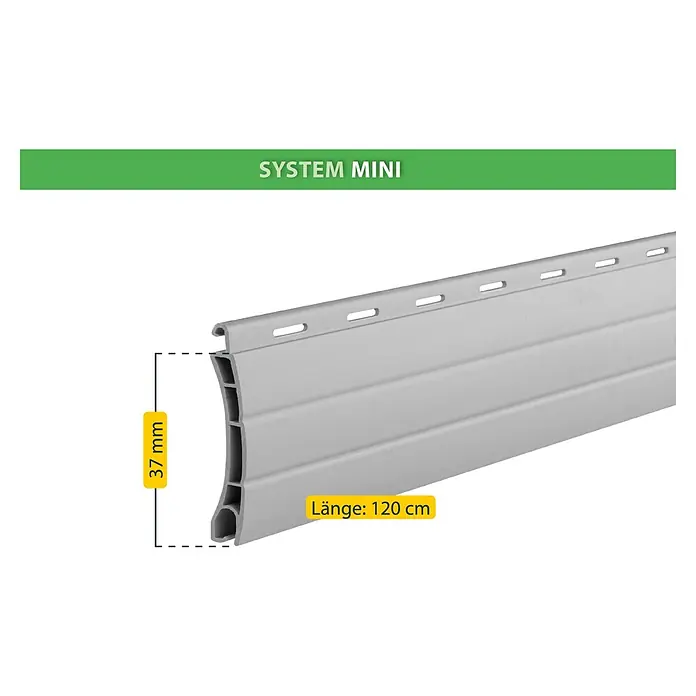 Schellenberg Rollladenprofil Mini - L x H: 120 x 3,7 cm, Geeignet für: Rollladen-Mini-Systeme, Grau - Abbildung eines Rollladenprofils des Systems Mini, mit Größenangaben zu Länge und Höhe versehen.
