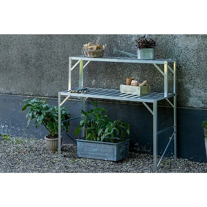 Halls Gewächshaus-Tisch - 120,8 x 76 cm, Aluminium, Eine Ablageebene - Gartentisch aus Metall mit Pflanzen und Gartenzubehör.