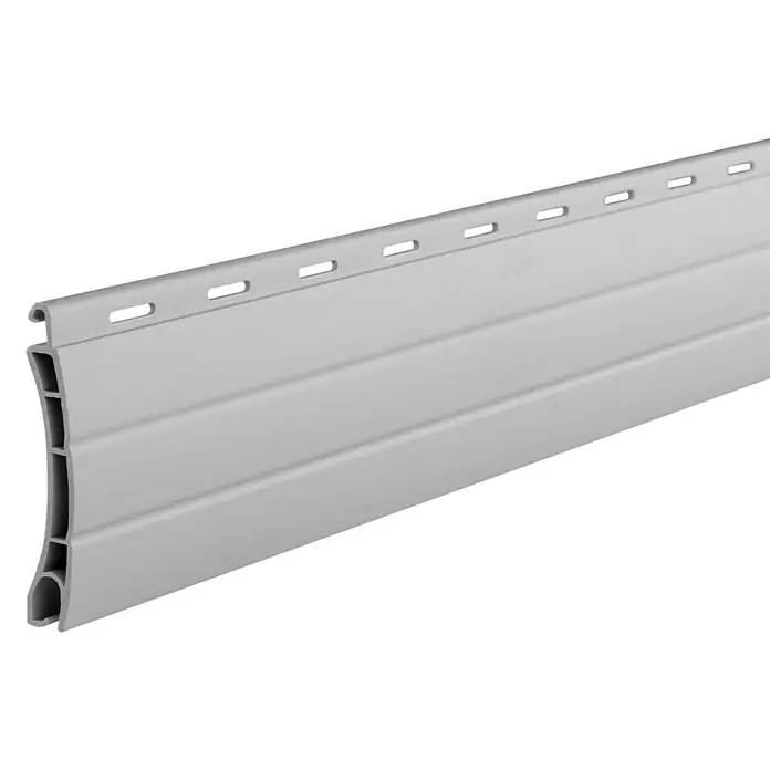 Schellenberg Rollladenprofil Mini - L x H: 120 x 3,7 cm, Geeignet für: Rollladen-Mini-Systeme, Grau - Nahaufnahme eines weißen horizontalen Fassadenprofils mit Löchern zur Befestigung.