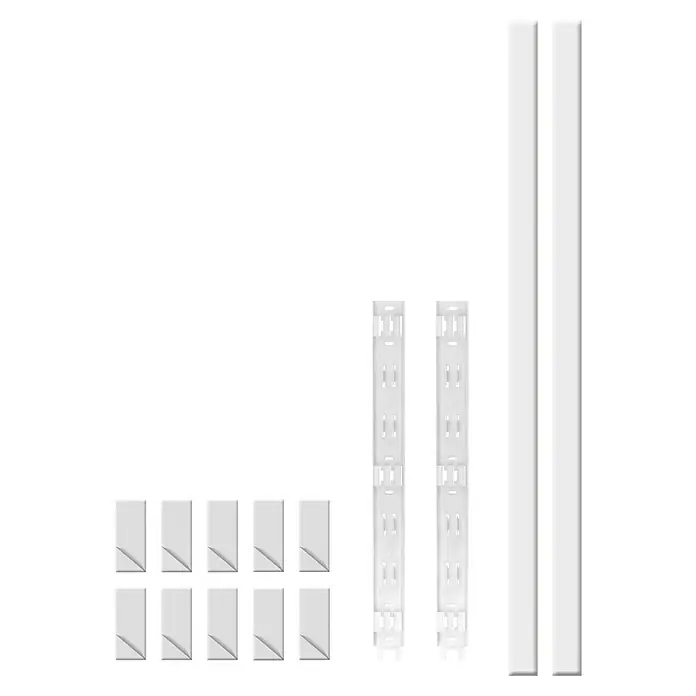 Schellenberg Kabelkanal System M Erweiterung - L x B x H: 2.100 x 35 x 15 mm, Weiß - Das Bild zeigt ein modulares Regalsystem in Weiß, bestehend aus Regalböden, Aufhängeschienen und Ständern zur individuellen Gestaltung.