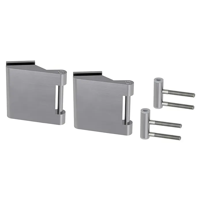 Diamond Doors Glastürbeschlag Sky - Edelstahloptik, Bandbohrung/Bänder: Office 3-teilig - Nahaufnahme von zwei Duschwandhalterungen aus gebürstetem Metall, die ein elegantes und funktionales Design aufweisen und eine robuste Befestigung gewährleisten.