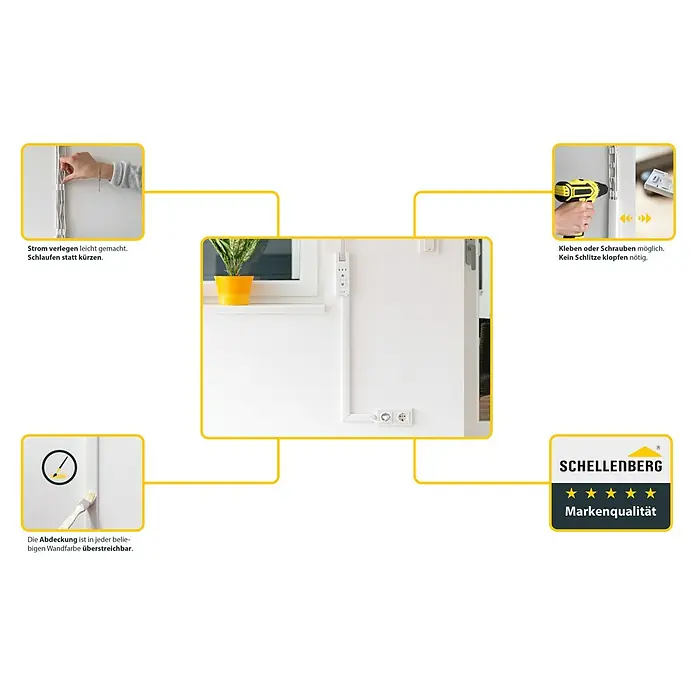 Schellenberg Kabelkanal System M Erweiterung - L x B x H: 2.100 x 35 x 15 mm, Weiß - Stromverteilerleiste mit flexibler Montage: Kleben oder Schrauben. Einfache Installation, überstreichbare Abdeckung, Markenqualität.