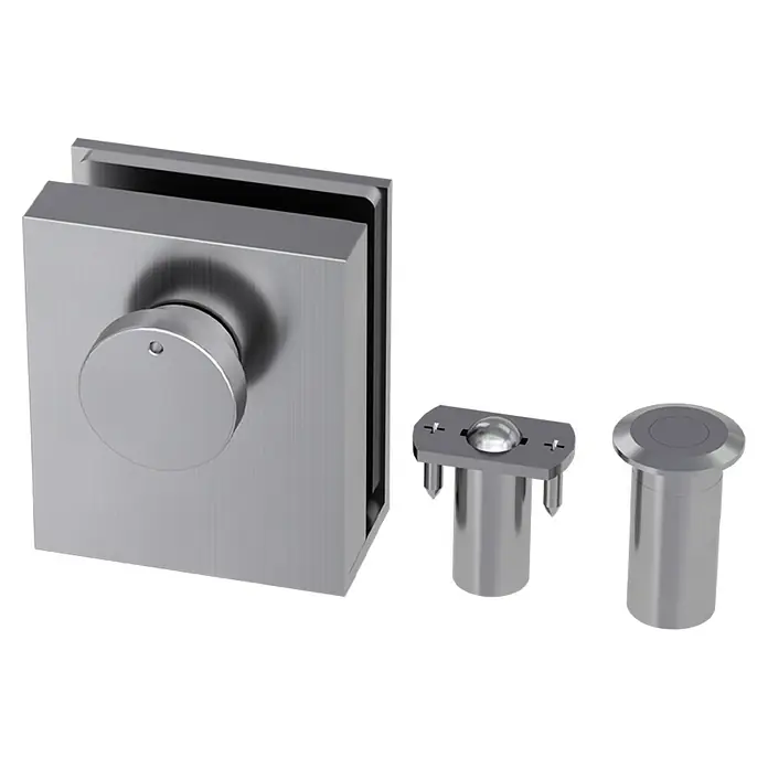 Diamond Doors Glastürbeschlag Sky - Aluminium EV1, Bandbohrung/Bänder: Office 3-teilig - Bild einer Glasdusche mit einem runden Knopf und zwei Bodenführungen.