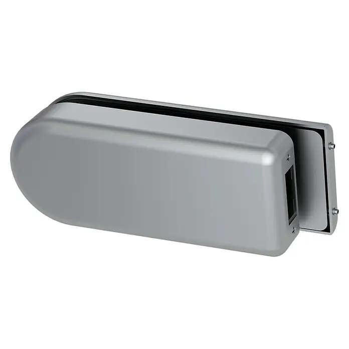 Diamond Doors Glastürbeschlag Sky - Aluminium EV1, Bandbohrung/Bänder: Office 3-teilig - Nahaufnahme einer modernen, silbernen Außenleuchte. Das schlichte Design und die robuste Bauweise der Leuchte fallen sofort ins Auge.
