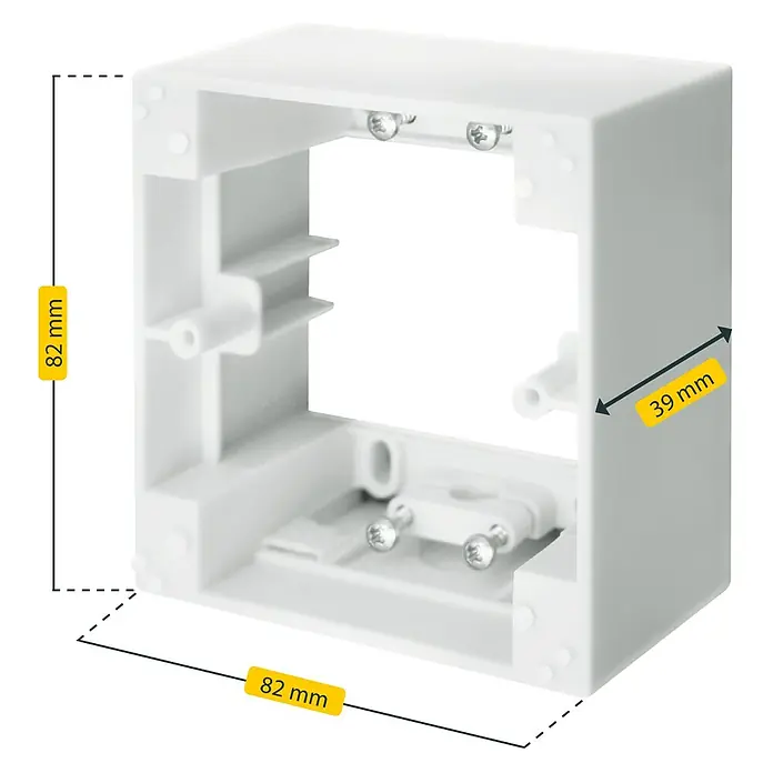 Schellenberg Aufputzrahmen - 39 x 82 x 82 mm, Weiß - Ein weißer Schalterdosen-Einsatz mit sichtbaren Maßen. Er ist robust und präzise gefertigt für einfache Installationen.