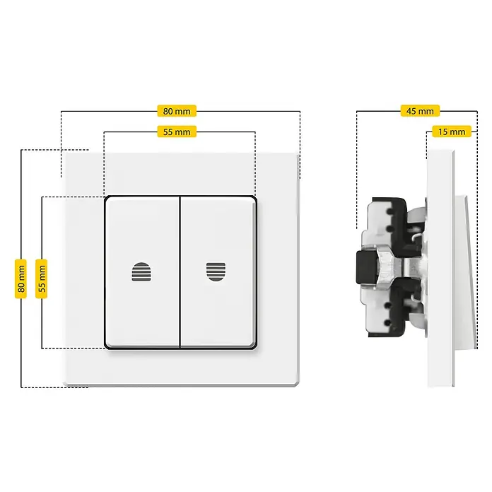 Schellenberg Rollladenschalter - Doppel-Wippschalter - Das Bild zeigt einen intelligenten Shelly-Wandschalter mit Doppelwippe und seinen Abmessungen (80 mm x 80 mm x 45 mm).