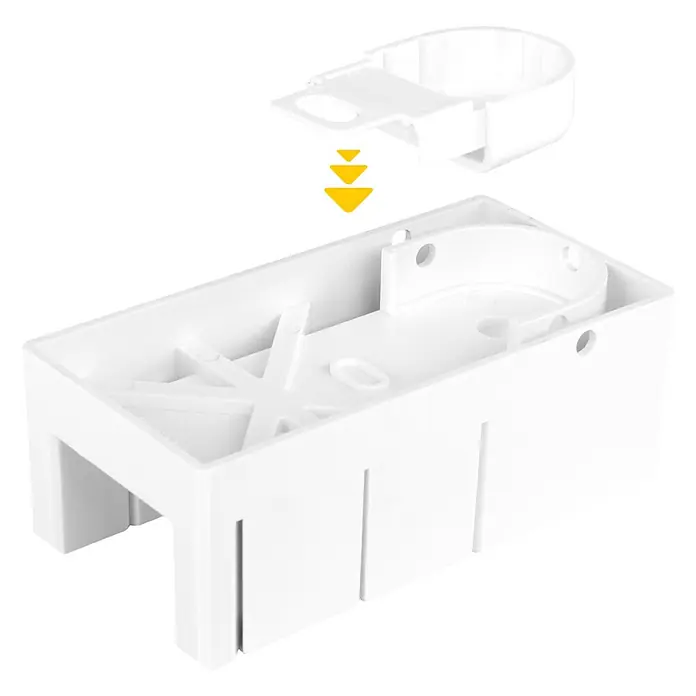 Schellenberg Kabelkanal System M Starterset - L x B x H: 2.100 x 35 x 15 mm, Weiß - Weiße Vorrichtung mit abnehmbarem Clip und gelben Pfeilen.  Ideal für die Montage und Organisation von Haushaltsgegenständen.