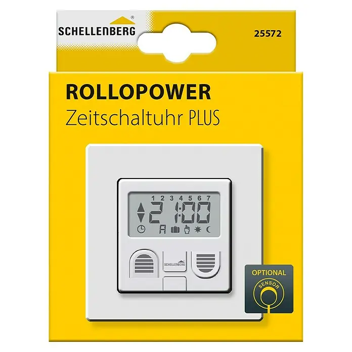 Schellenberg Zeitschaltuhr Plus - 50 x 80 x 80 mm, Weiß, Unterputz - Abbildung einer Schellenberg RolloPower Zeitschaltuhr Plus, einer elektronischen Steuerung für Rollläden mit optionalem Sensor für zusätzlichen Komfort.