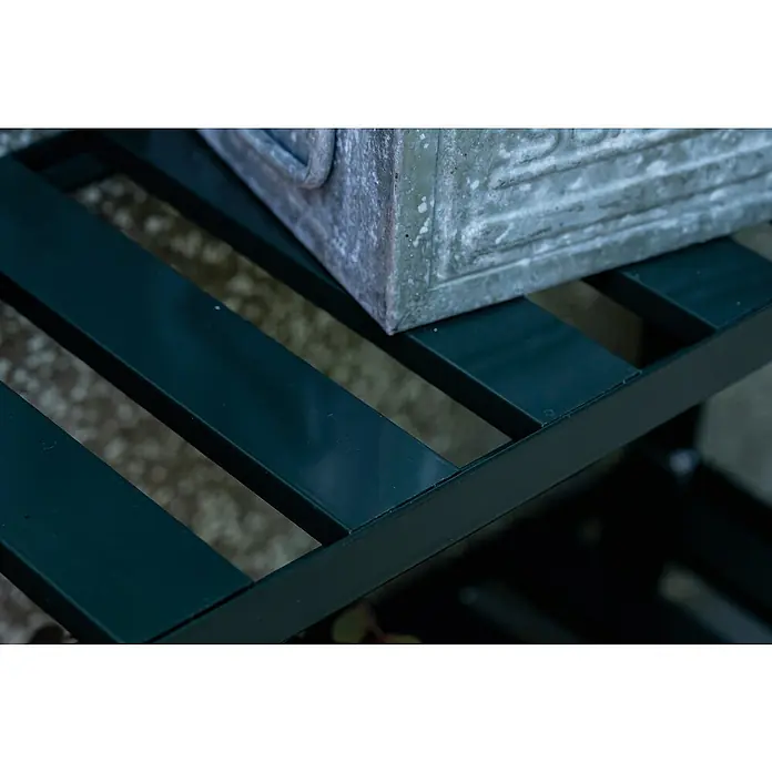 Halls Aufsatz für Gewächshaus-Tisch - 120,8 x 26 x 3,7 cm, Grün, Passend für: Halls Tische ( 1 Ablagefläche) - Nahaufnahme eines dunkelgrünen Metallregals mit einer rauen, grauen Topfpflanze darauf, das ein einfaches und doch stilvolles Design aufweist.