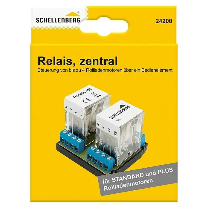 Schellenberg Zentralisierungsrelais - 42 x 55 x 50 mm, Geeignet für: Bis zu 4 Rohrmotoren - Produktabbildung eines Schellenberg Zentralrelais, das zur Steuerung von bis zu vier Rollladenmotoren geeignet ist.