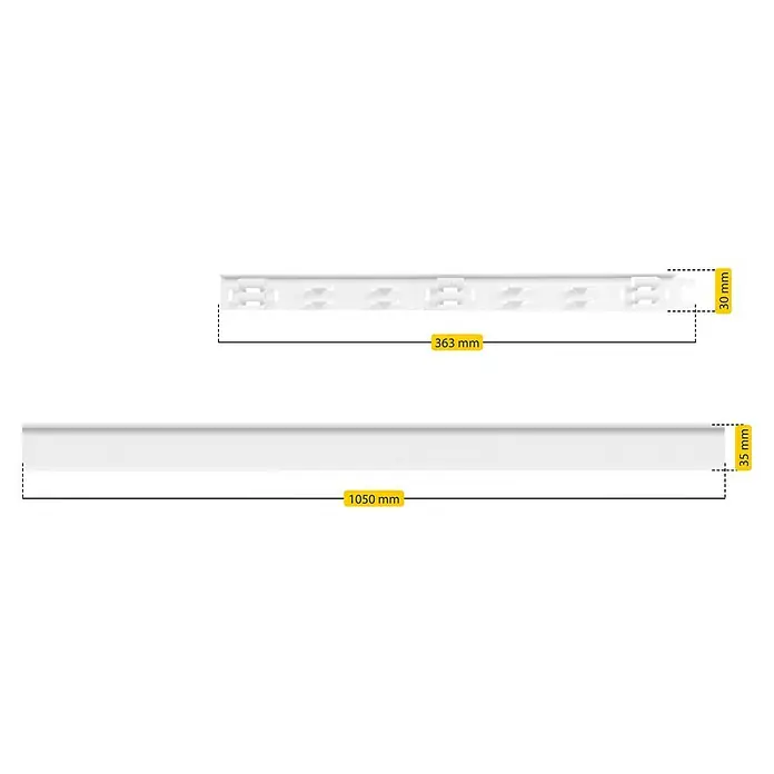 Schellenberg Kabelkanal System M Erweiterung - L x B x H: 2.100 x 35 x 15 mm, Weiß - Produktansicht mit Maßangaben: Eine kurze und eine lange weiße Gardinenschiene mit den Maßen 363 mm bzw. 1050 mm Länge und 30 bzw. 35 mm Höhe.