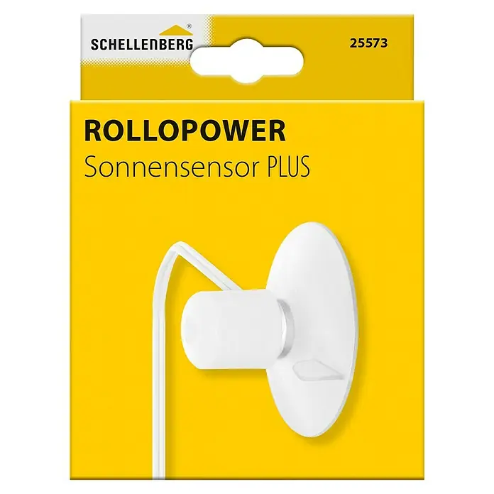 Schellenberg Sonnensensor Plus - Passend für: Schellenberg Zeitschaltuhr Plus, Kabellänge: 1,5 m - Nahaufnahme des Schellenberg RolloPower Sonnensensor Plus in gelber Verpackung, ein weißes, elektronisches Gerät zur Rollladensteuerung.
