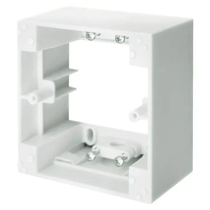 Schellenberg Aufputzrahmen - 39 x 82 x 82 mm, Weiß - Nahaufnahme eines weißen Verteilerkastens aus Kunststoff, der für elektrische Installationen verwendet wird. Der Kasten hat eine quadratische Form.