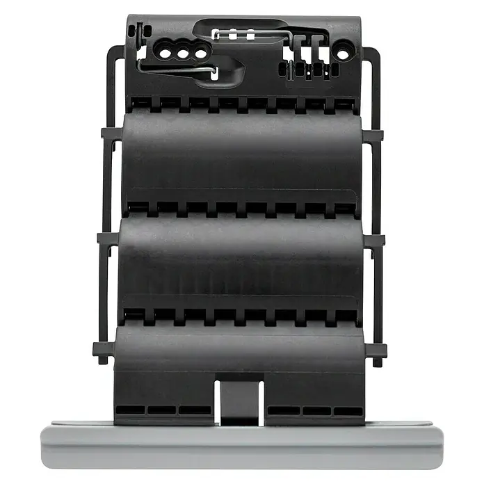 Schellenberg Hochschiebesicherung - 2 Stk., Geeignet für: Rollladen-Maxi/Mini-Systeme - Das Bild zeigt ein schwarzes Produktdetail mit einer grauen Basis, möglicherweise ein Bauteil oder Zubehör.