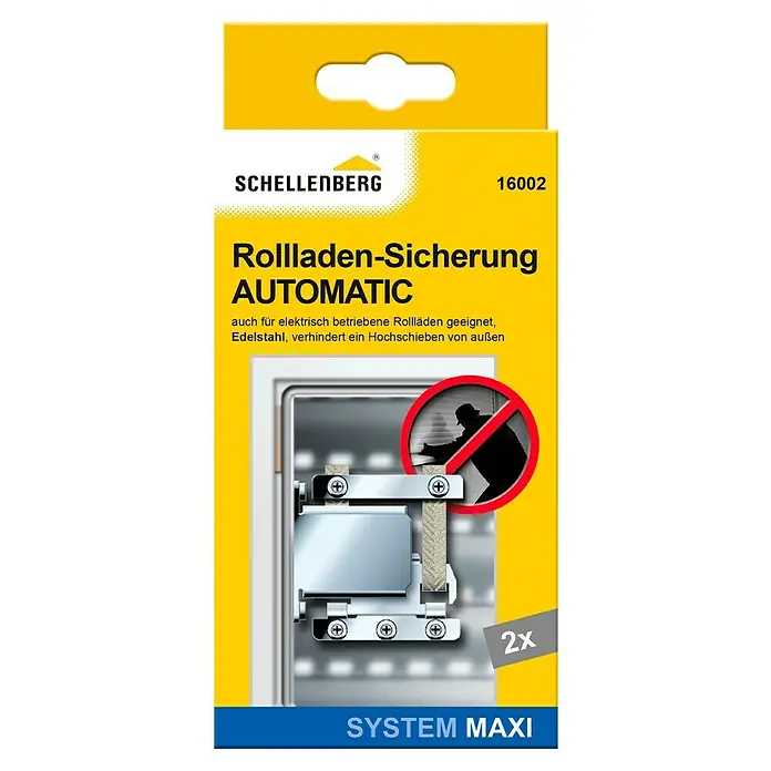 Schellenberg Hochschiebesicherung - Geeignet für: Rollladen-Maxi-Systeme, 2 Stk. - Produktverpackung der Schellenberg Rollladen-Sicherung Automatic, die das Hochschieben von Rollläden verhindert. Geeignet für elektrische Rollläden.