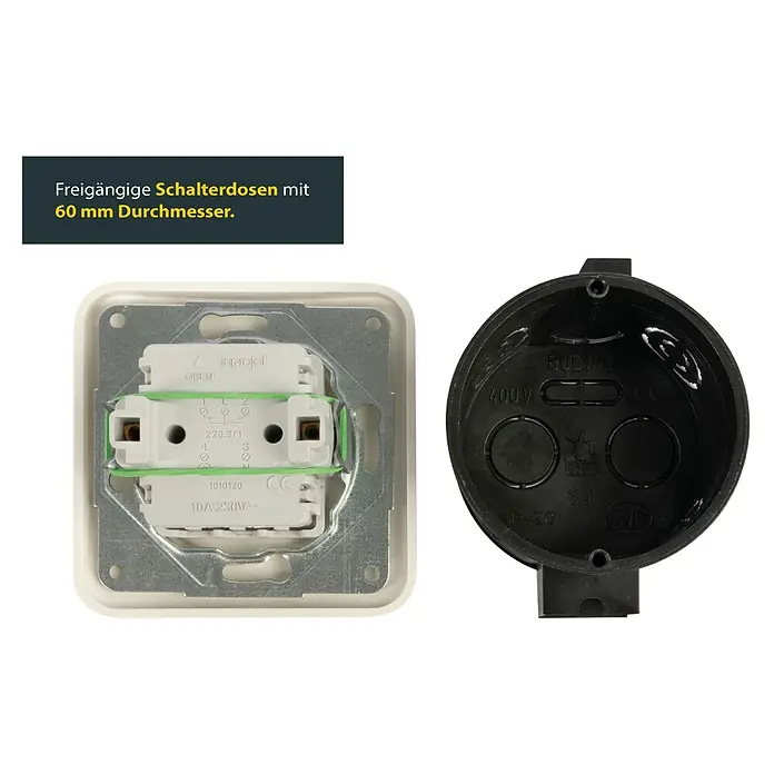Schellenberg Rollladenschalter - Drehknopf - Das Bild zeigt eine freigängige Schalterdose mit 60 mm Durchmesser und einen Schaltereinsatz. Ideal für Elektroinstallationen.