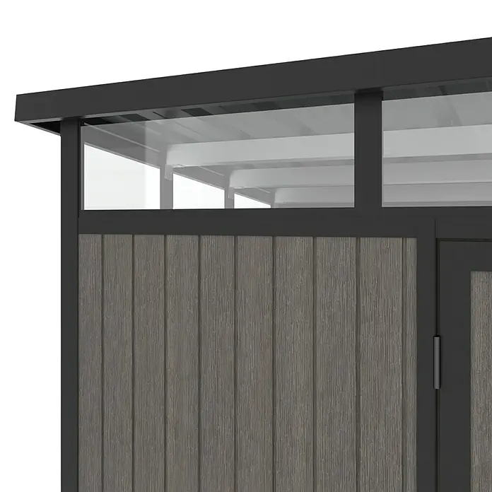 Gerätehaus 11x7 - Außenmaß inkl. Dachüberstand (B x T): 360 x 225,6 cm, Verbundwerkstoff, Silver Gray - Detailansicht eines modernen Gartenhauses mit grauen Holzpaneelen, Fensterrahmen und schwarzem Dach.