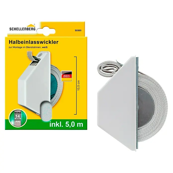 Schellenberg Halbeinlasswickler Mini - 110 x 28 x 152 mm, Geeignet für: Rollladen-Mini-Systeme - Das Bild zeigt einen Halbeinlasswickler von Schellenberg in Weiß, zur Montage im Blendrahmen, inklusive 5,0 m Gurtband.