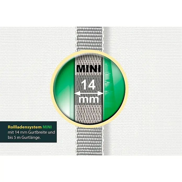 Schellenberg Aufschraubwickler Flexo - 140 x 25 x 165 mm, Geeignet für: Rollladen-Mini-Systeme, Weiß - Nahaufnahme des MINI-Rollladensystems mit einer Gurtbreite von 14 mm, ideal für bis zu 5 m Gurtlänge.