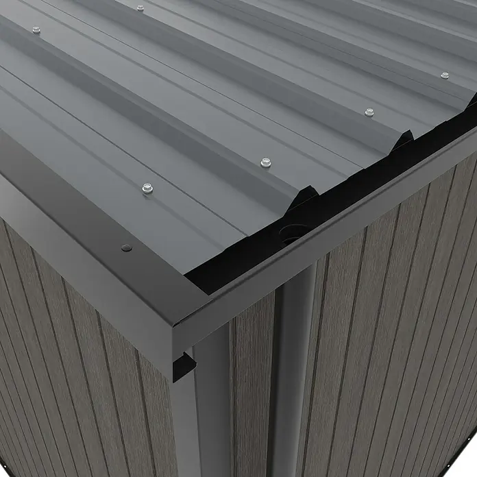 Gerätehaus 11x7 - Außenmaß inkl. Dachüberstand (B x T): 360 x 225,6 cm, Verbundwerkstoff, Silver Gray - Detailansicht eines Metallgartenhauses mit grauem Dach und dunkler Holzverkleidung. Befestigungsschrauben sind sichtbar.