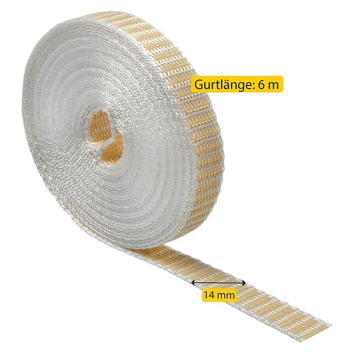 Schellenberg Rollladengurt Mini - Beige, Länge: 6 m, Gurtbreite: 14 mm - Abbildung eines 6 m langen, 14 mm breiten weißen Gurts mit gelben Akzenten.