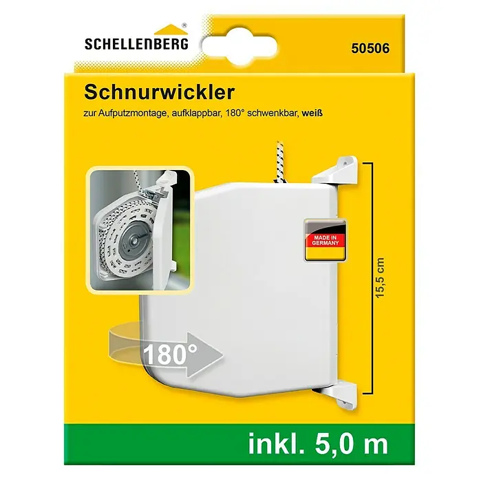 Schellenberg Rollladen-Gurtwickler - Aufputz, Lochabstand: 155 mm - Produktverpackung: Schellenberg Schnurwickler zur Aufputzmontage, aufklappbar, 180° schwenkbar, inklusive 5,0 m Schnur, 15,5 cm hoch.