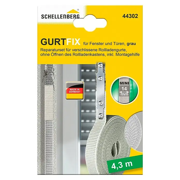 Schellenberg Gurtfix Mini - Länge: 4,3 m, Gurtbreite: 14 mm, Grau - Schellenberg Gurtfix Reparaturset für Rollladengurte, geeignet für Fenster und Türen, graue Ausführung mit 4,3 m Länge.