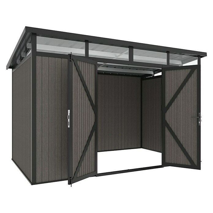Gerätehaus 11x7 (Außenmaß inkl. Dachüberstand (B x T): 360 x 225,6 cm, Verbundwerkstoff, Silver Gray) | BAUHAUS