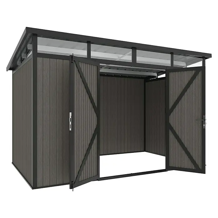 Gerätehaus 11x7 - Außenmaß inkl. Dachüberstand (B x T): 360 x 225,6 cm, Verbundwerkstoff, Silver Gray - Bild eines modernen Gerätehauses mit grauer Holzverkleidung, offenstehenden Türen und einem stabilen, dunklen Metallrahmen.