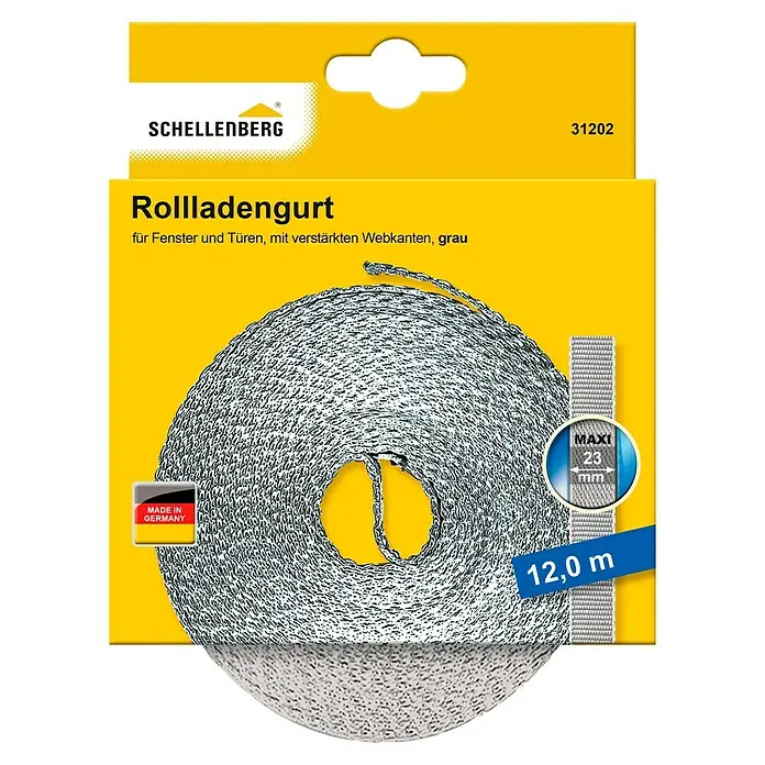 Schellenberg Rollladengurt Maxi - Grau, Länge: 12 m, Gurtbreite: 23 mm - Produktbild: Schellenberg Rollladengurt, grau, 12 m lang und 23 mm breit, verstärkte Webkanten, ideal für Fenster und Türen, hergestellt in Deutschland.