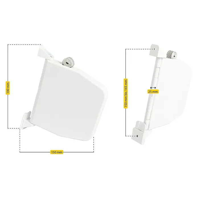 Schellenberg Aufschraubwickler Flexo - 150 x 25 x 190 mm, Geeignet für: Rollladen-Mini-Systeme - Produktansicht eines weißen Rollladenkastens mit Maßangaben für Höhe, Breite und Tiefe.