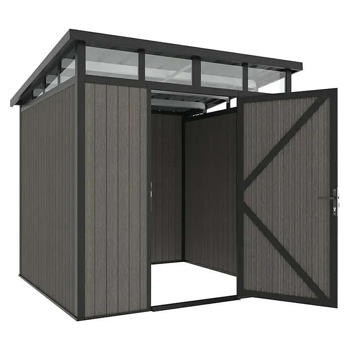 Gerätehaus 7x7 - Außenmaß inkl. Dachüberstand (B x T): 237 x 225,6 cm, Verbundwerkstoff, Silver Gray - Abbildung eines Gartenhauses aus Holz mit Doppeltür und Fenstern unter dem Dach. Das Gartenhaus bietet viel Stauraum.
