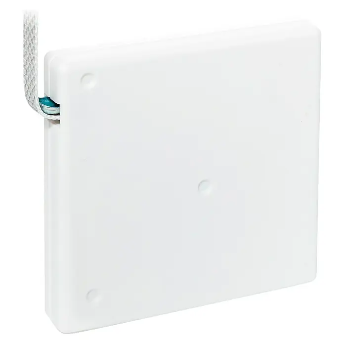 Schellenberg Aufschraubwickler Mini - 120 x 22 x 120 mm, Geeignet für: Rollladen-Mini-Systeme, Weiß - Nahaufnahme eines weißen Rollos mit Zugschnur und einer quadratischen Abdeckung. Ideal für Fenster zur Lichtsteuerung.