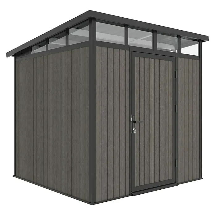 Gerätehaus 7x7 - Außenmaß inkl. Dachüberstand (B x T): 237 x 225,6 cm, Verbundwerkstoff, Silver Gray - Bild eines modernen Gartenschuppens mit Holztür und transparentem Dach für natürliches Licht.
